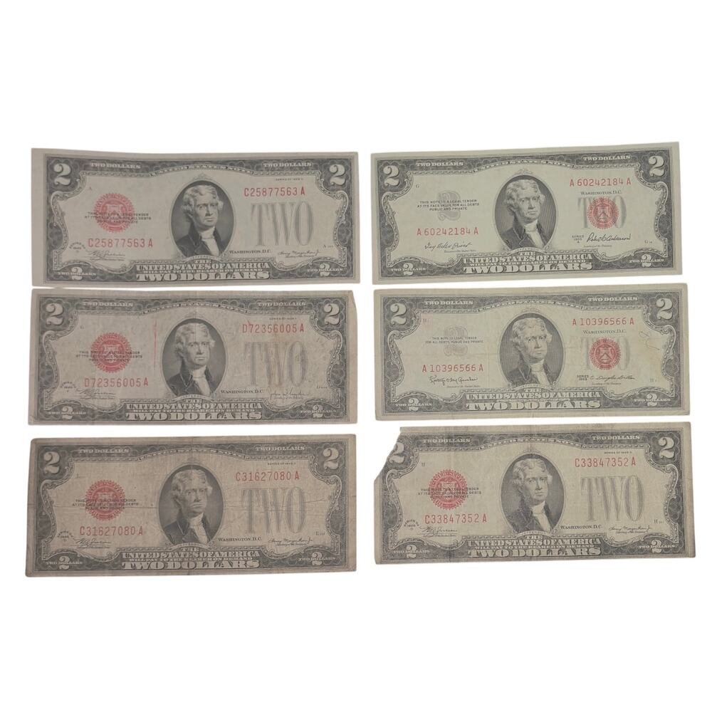 Lot of 5 1928 and 1 1953 $2 Dollar Bills Red Seal - 2 Uncirculated